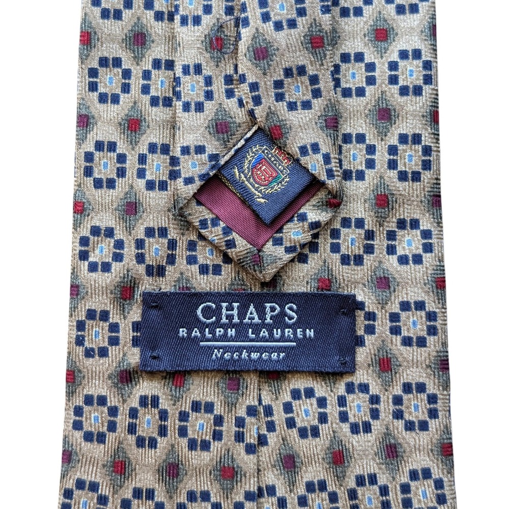 VTG Chaps Ralph Lauren Men's Silk Necktie Geometric Pattern Tan Blue‎ Red